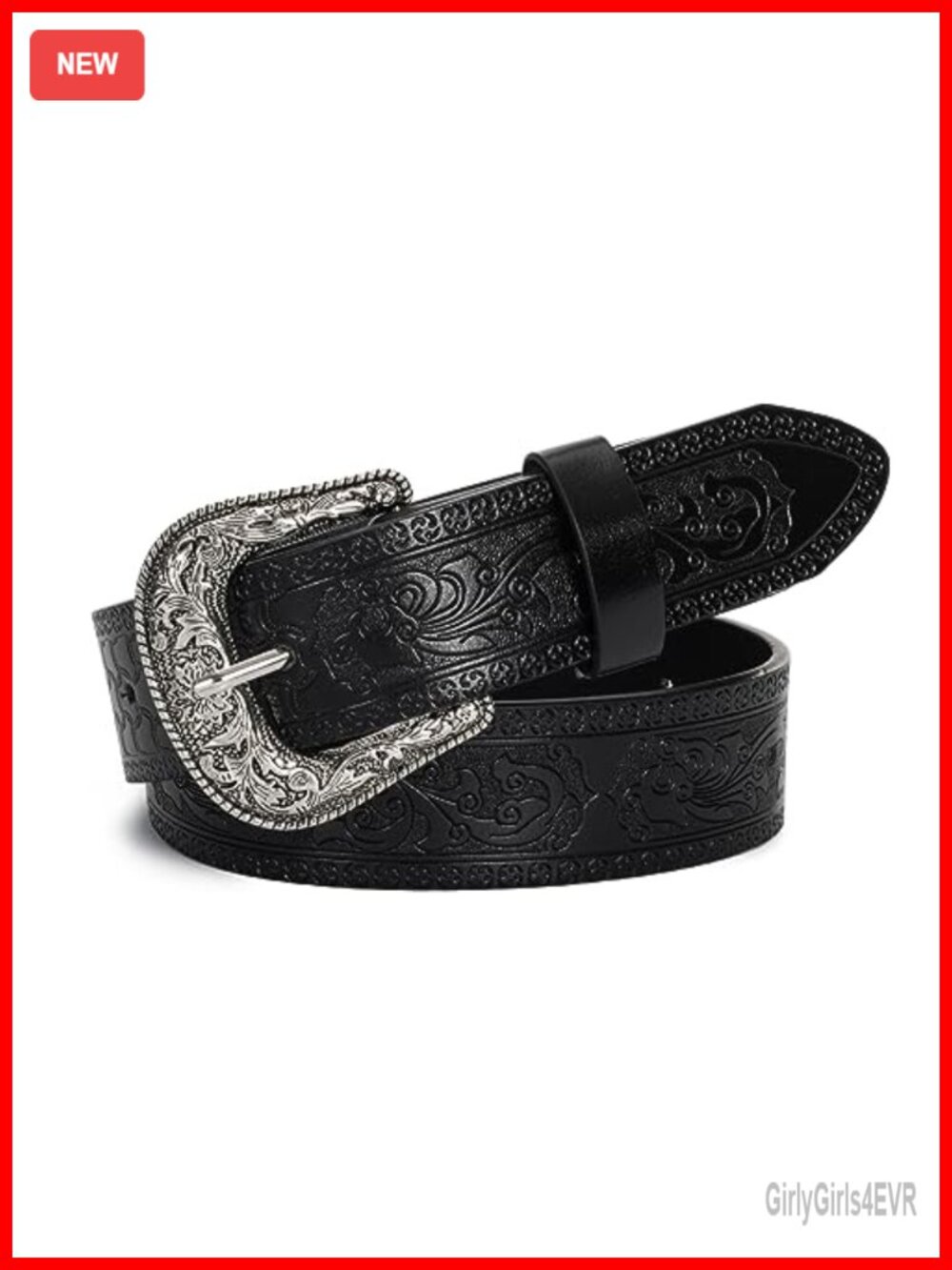 Western Cowboy Belt Women Men Carved PU Leather Floral Buckle